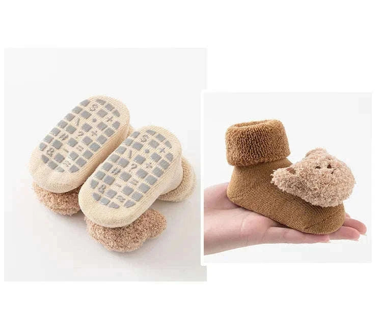 Cute Cartoon Bear Baby Socks with Anti-Slip Soles-Khaki / 0-1Years(S)