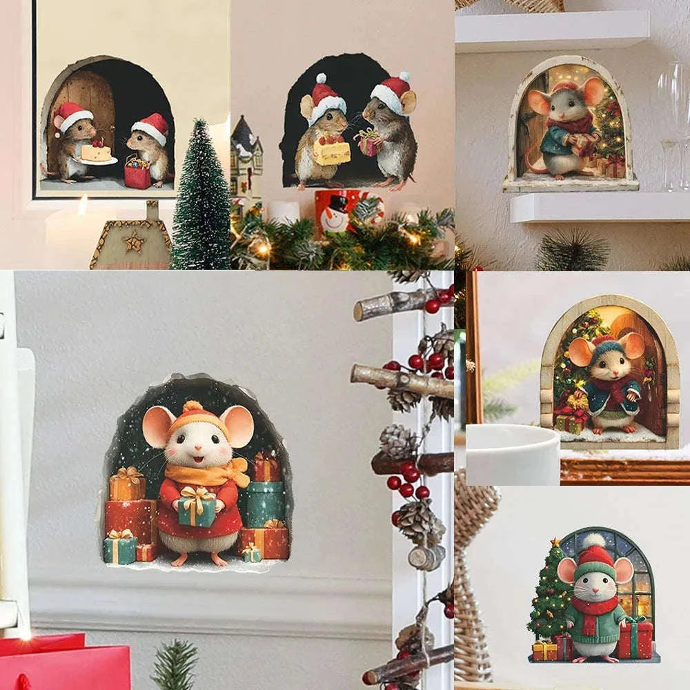 Cute Christmas Mouse Wall Stickers for Festive Holiday Decor-D