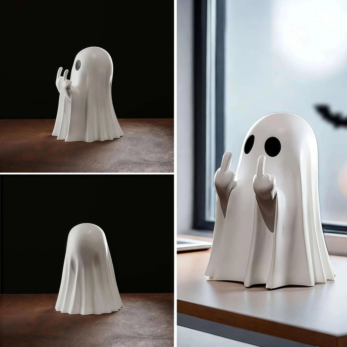 Cute Middle Finger Ghost Statue for Halloween Decor-white