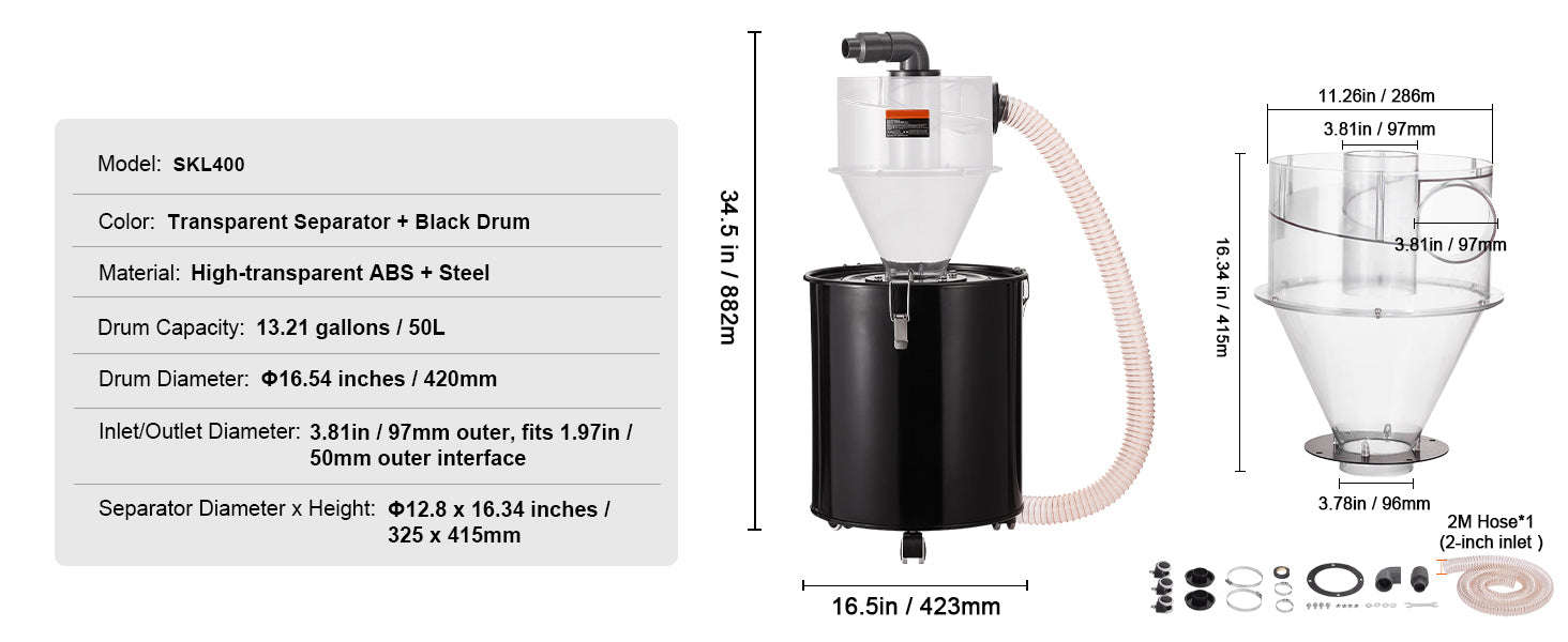 Cyclone Dust Separator with 50L Tank for 4-Inch Hoses-transparent / Germany