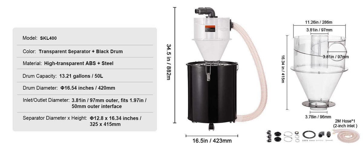Cyclone Dust Separator with 50L Tank for 4-Inch Hoses-transparent / Germany