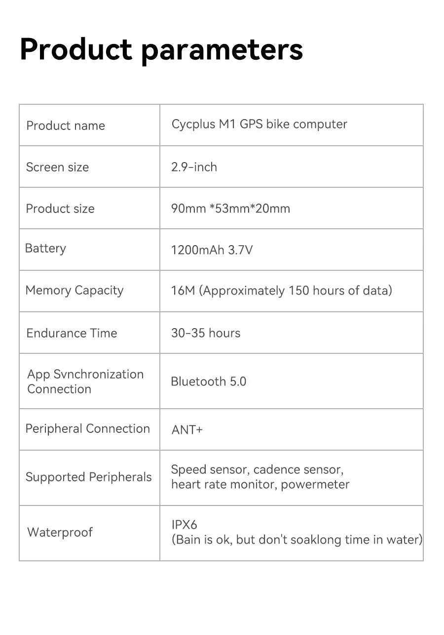 CYCPLUS M1 GPS Bicycle Computer with Bluetooth and ANT+-M1 C3x2 Z1