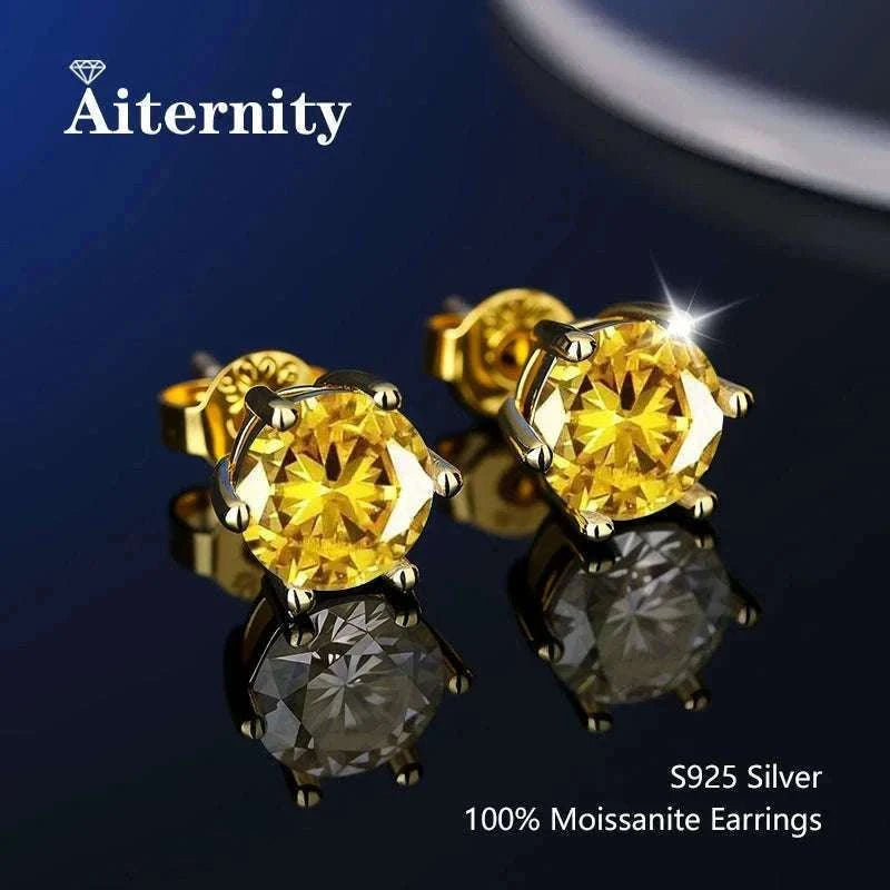 D Color Moissanite Stud Earrings in 925 Sterling Silver VVS1-6 Prong Yellow / 1ct(6.5mm)x 2pcs-box