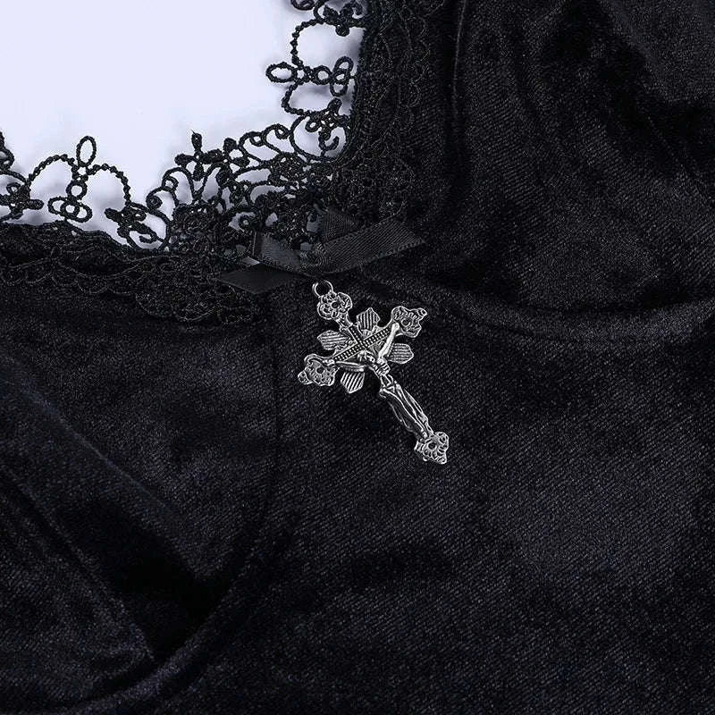 Dark Cross Black Mini Dress with Gothic Cut-Out Detail-black / S