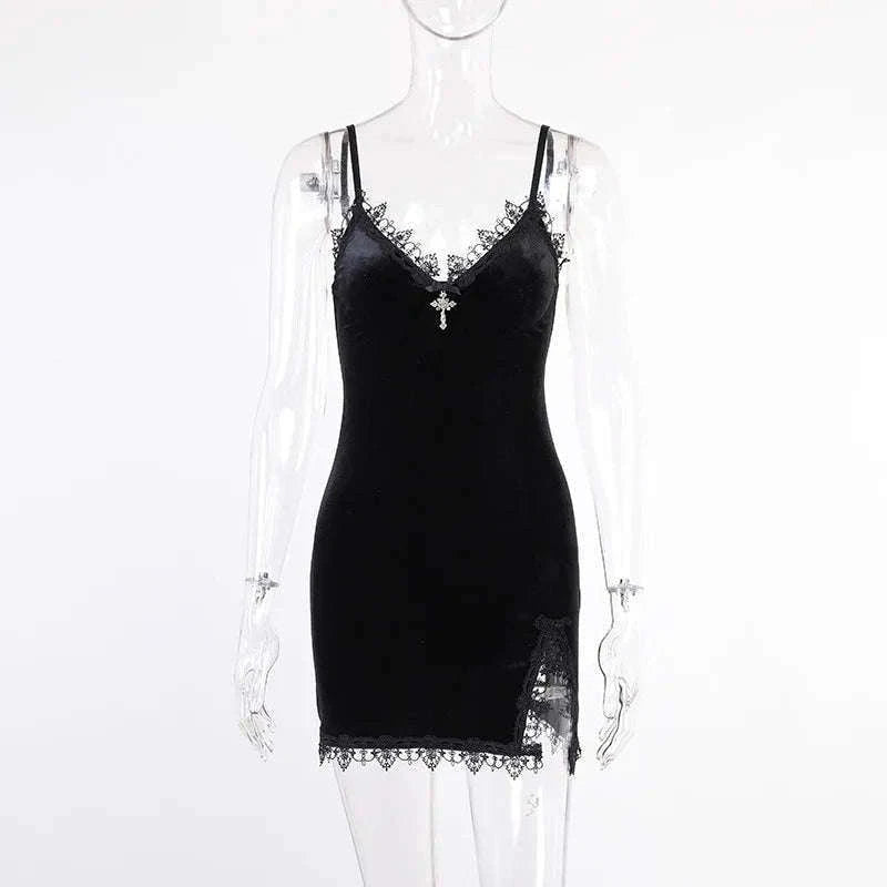 Dark Cross Black Mini Dress with Gothic Cut-Out Detail-black / S