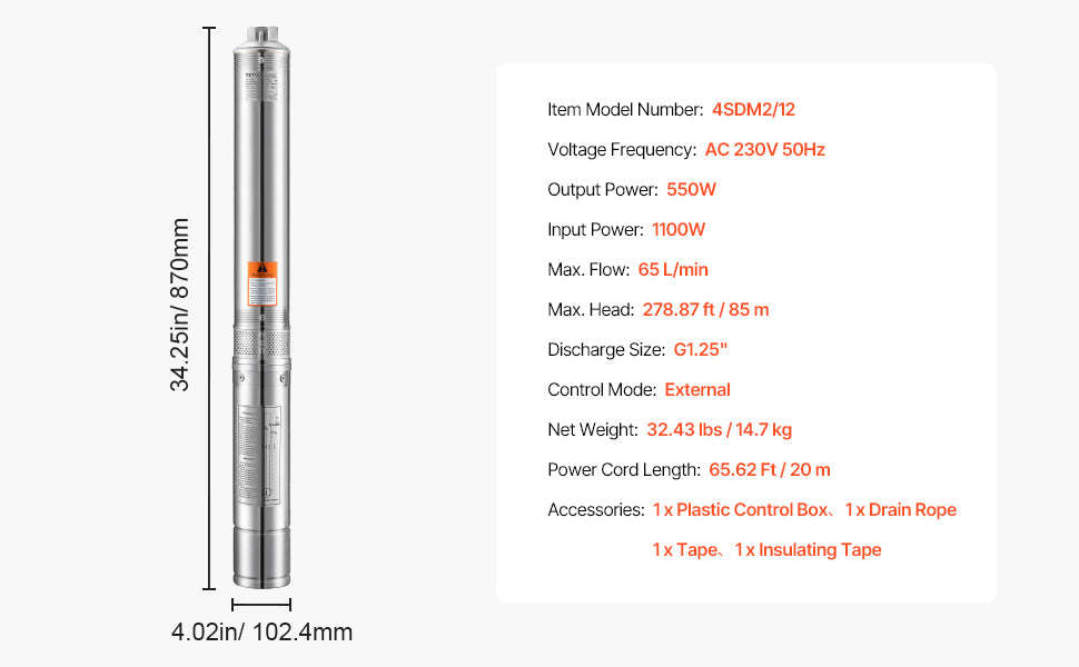 Deep Well Submersible Pump 230V with 65.65 ft Cord-1100W External Start / EU / france