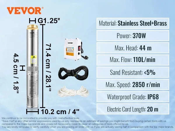 Deep Well Submersible Pump Stainless Steel High Head-370W Outer Starter / EU / CZECH REPUBLIC