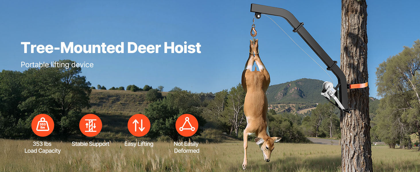 SucceBuy 353Lbs Tree Mounted Deer Hoist Hunting Game Lift Hoist Winch with Ratchet Strap Deer Hanger for Hanging Feed Dressing
