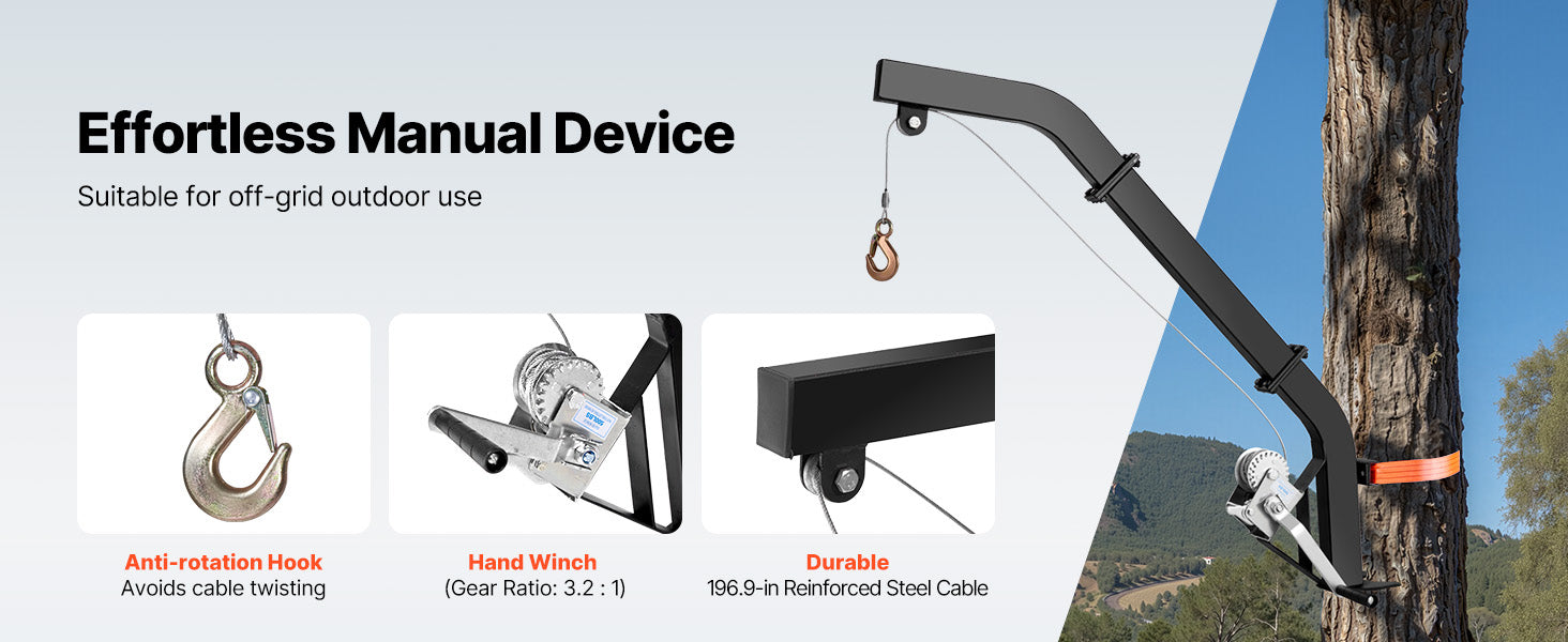 SucceBuy 353Lbs Tree Mounted Deer Hoist Hunting Game Lift Hoist Winch with Ratchet Strap Deer Hanger for Hanging Feed Dressing