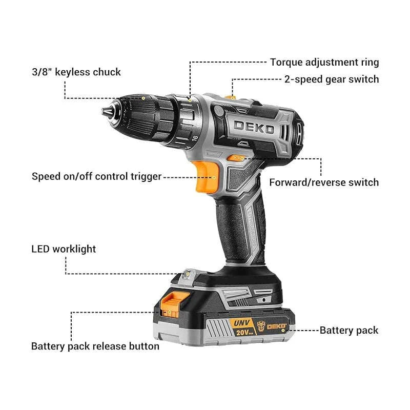DEKO 20V Cordless Drill Driver Kit with Battery and Charger-DKCD20XL02B-AZ01 / Italy