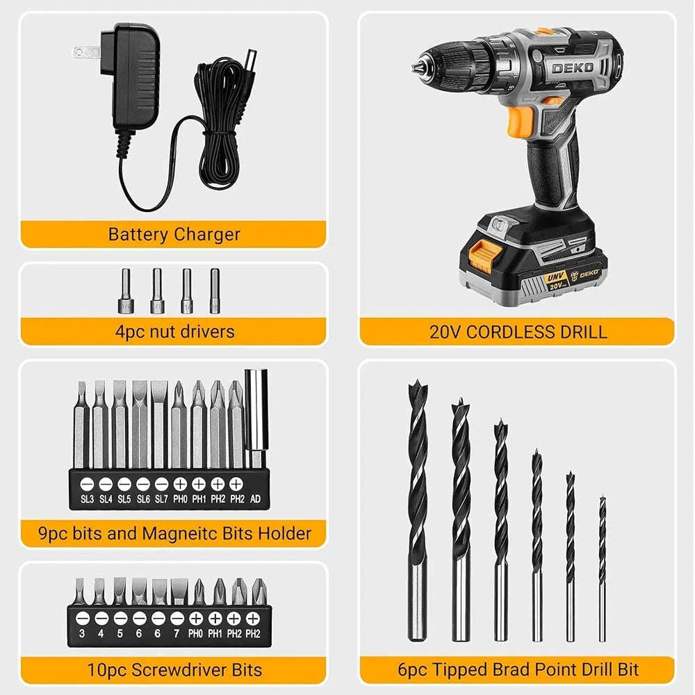 DEKO 20V Cordless Drill Driver Kit with Battery and Charger-DKCD20XL02B-AZ01 / Italy