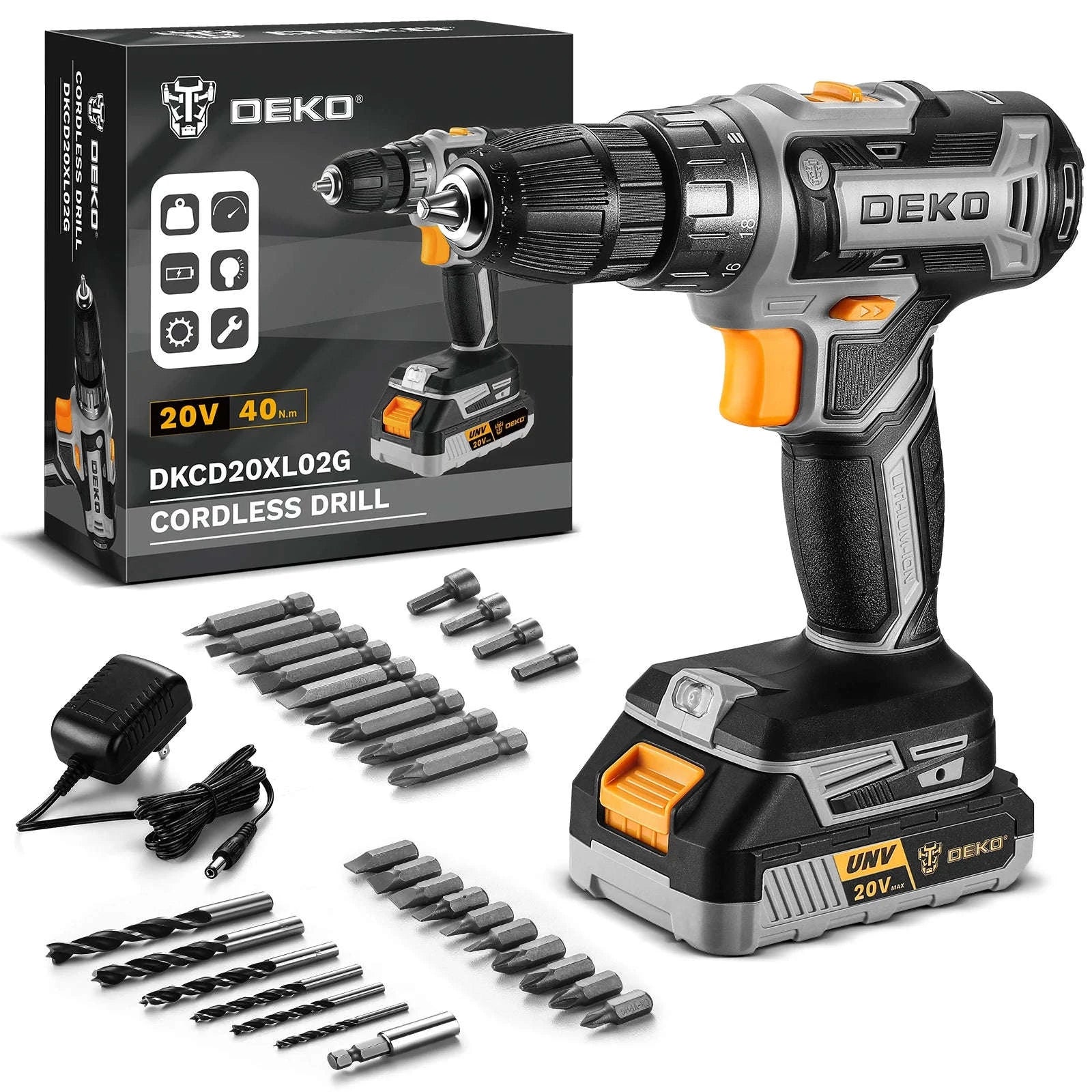 DEKO 20V Cordless Drill Driver Kit with Battery and Charger-DKCD20XL02B-AZ01 / Italy
