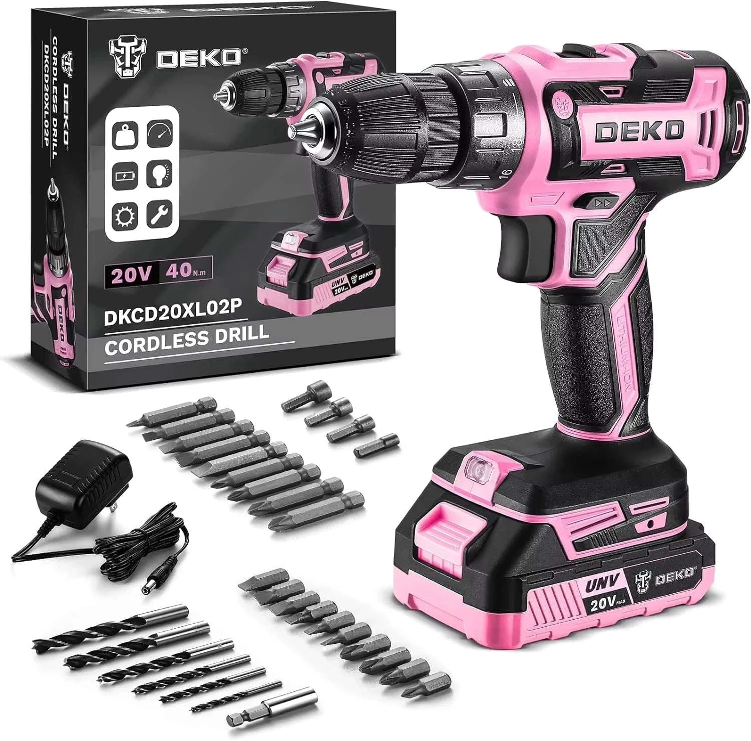 DEKO 20V Cordless Drill Driver Kit with Battery and Charger-DKCD20XL02B-AZ01 / Italy