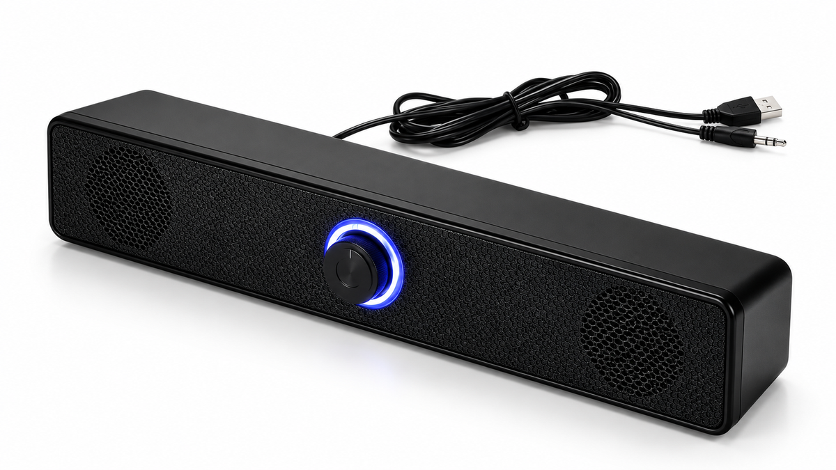 Black desktop soundbar speaker on white background
