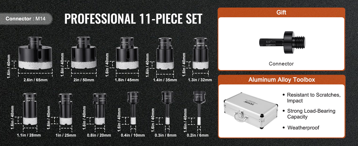 Diamond Core Drill Bit Set for Tile, Granite & Stone (6–11 PCS)