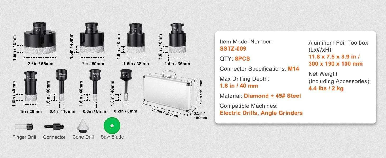 Diamond Core Drill Bit Set for Tile, Granite & Stone (6–11 PCS)-8PCs Type B / United States