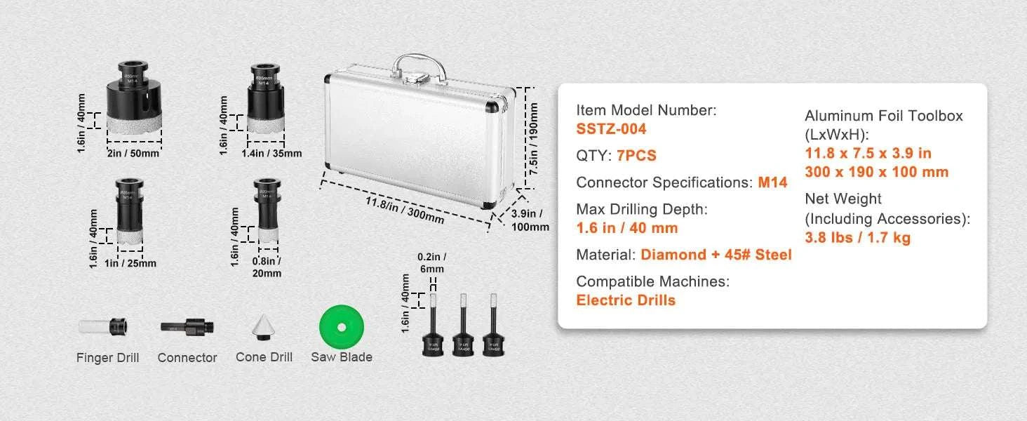 Diamond Core Drill Bit Set for Tile, Granite & Stone (6–11 PCS)-8PCs Type B / United States