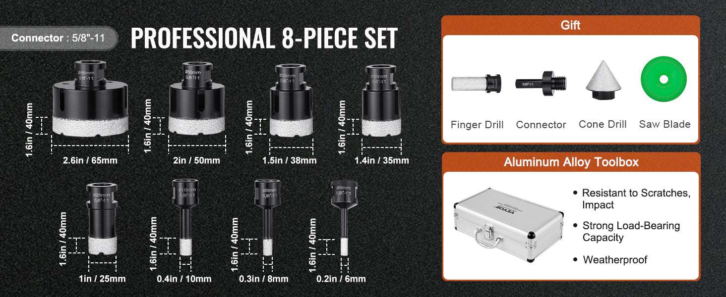 Diamond Core Drill Bit Set for Tile, Granite & Stone (6–11 PCS)-8PCs Type B / United States