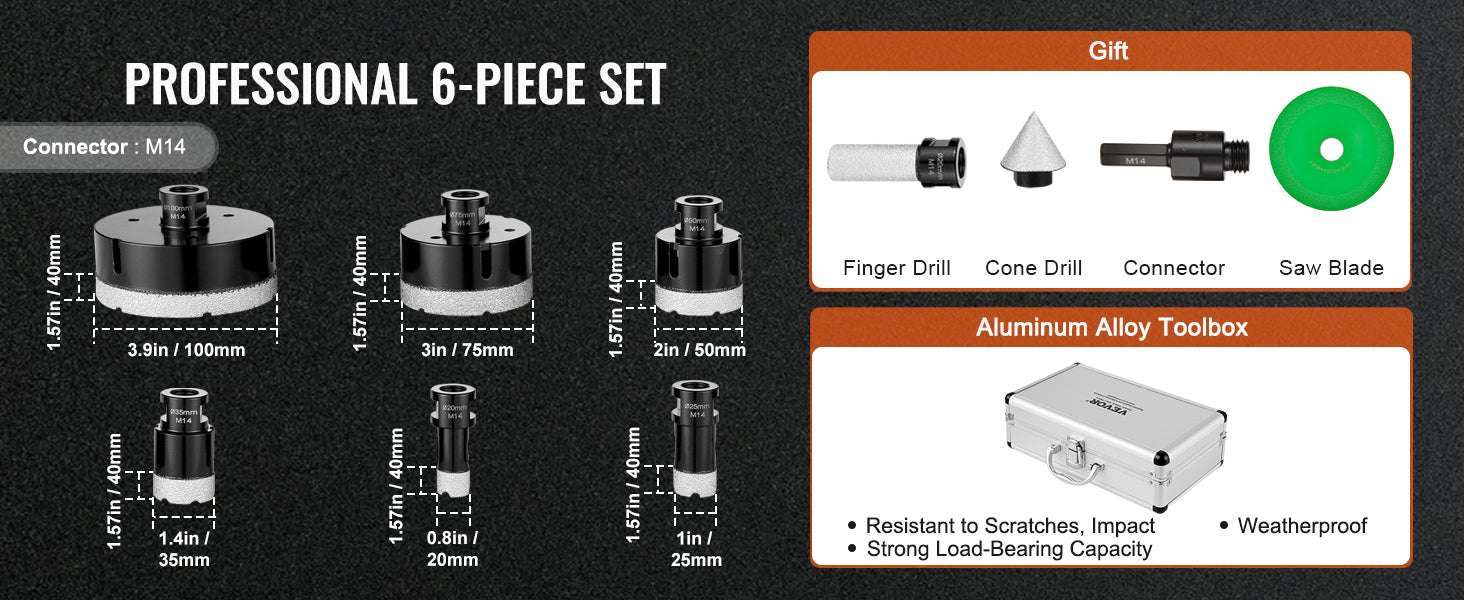 Diamond Core Drill Bit Set for Tile, Granite & Stone (6–11 PCS)-8PCs Type B / United States