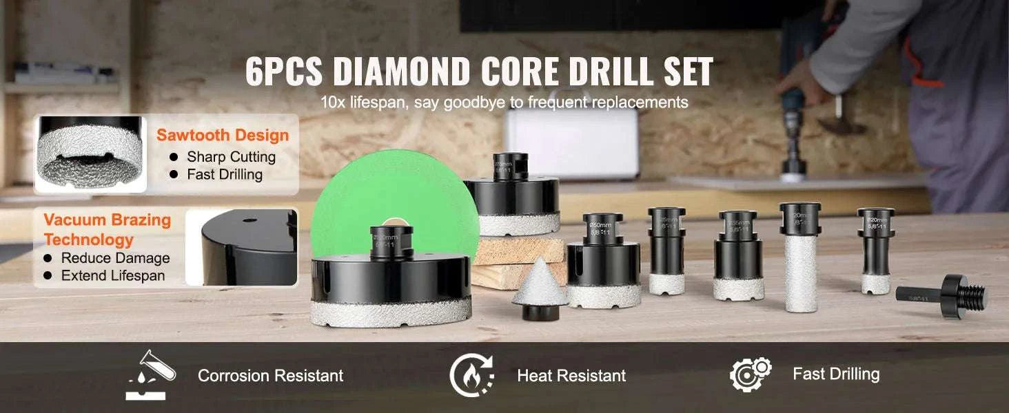 Diamond Core Drill Bit Set for Tile, Granite & Stone (6–11 PCS)-8PCs Type B / United States