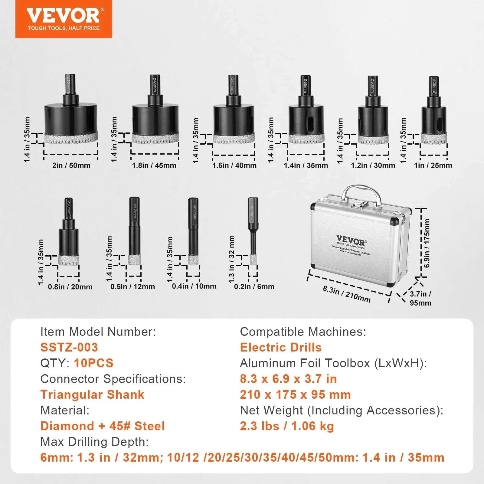Diamond Core Drill Bit Set for Tile, Granite & Stone (6–11 PCS)-8PCs Type B / United States