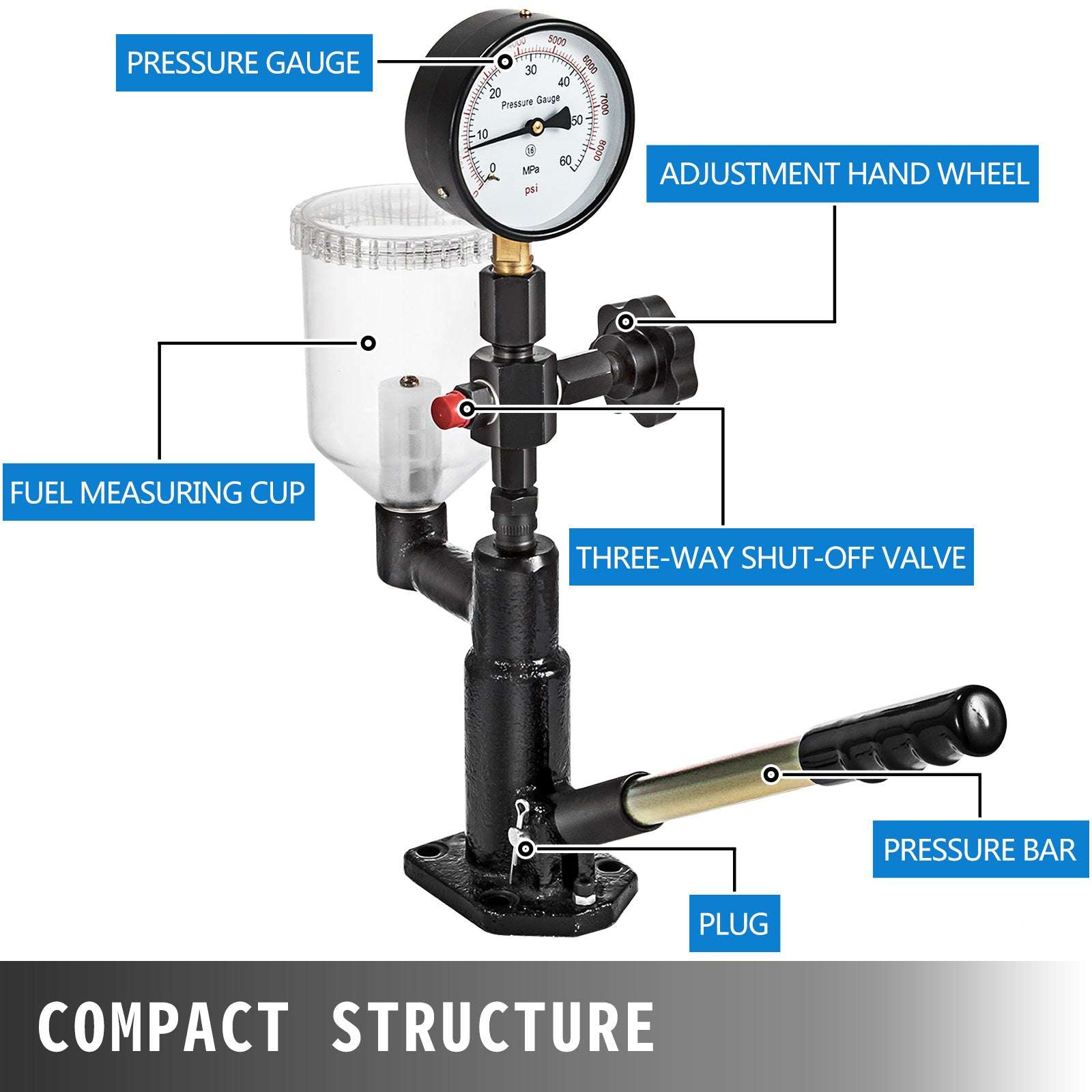 Diesel Fuel Injector Tester with Dual Scale Gauge 0–600 Bar / 8000 PSI-United States