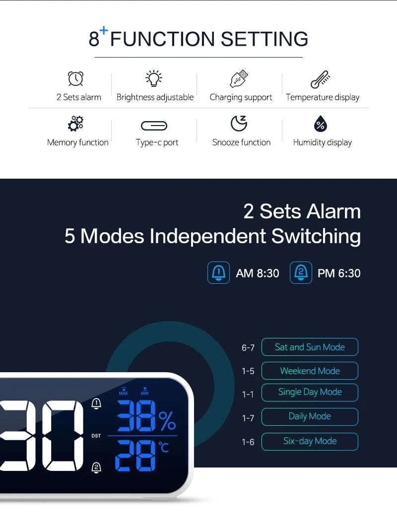 Digital Alarm Clock with Temperature, Dual Alarms & LED Display-Black