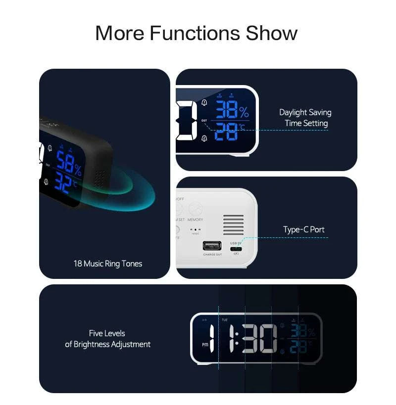 Digital Alarm Clock with Temperature, Dual Alarms & LED Display-Black