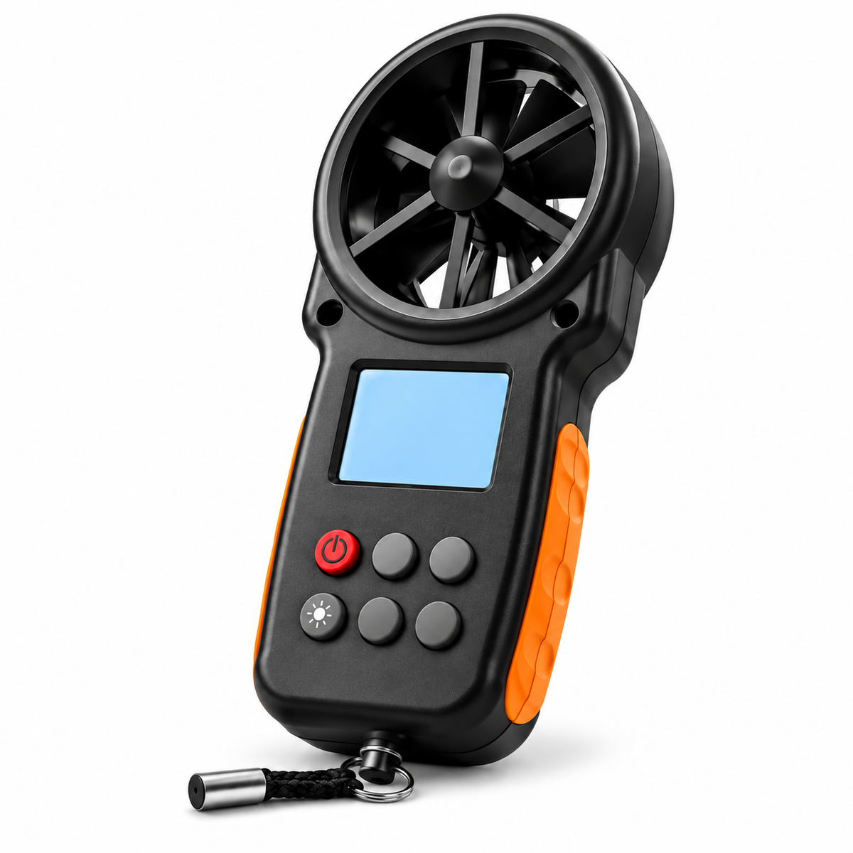 Black and orange digital anemometer with impeller and LCD on white background