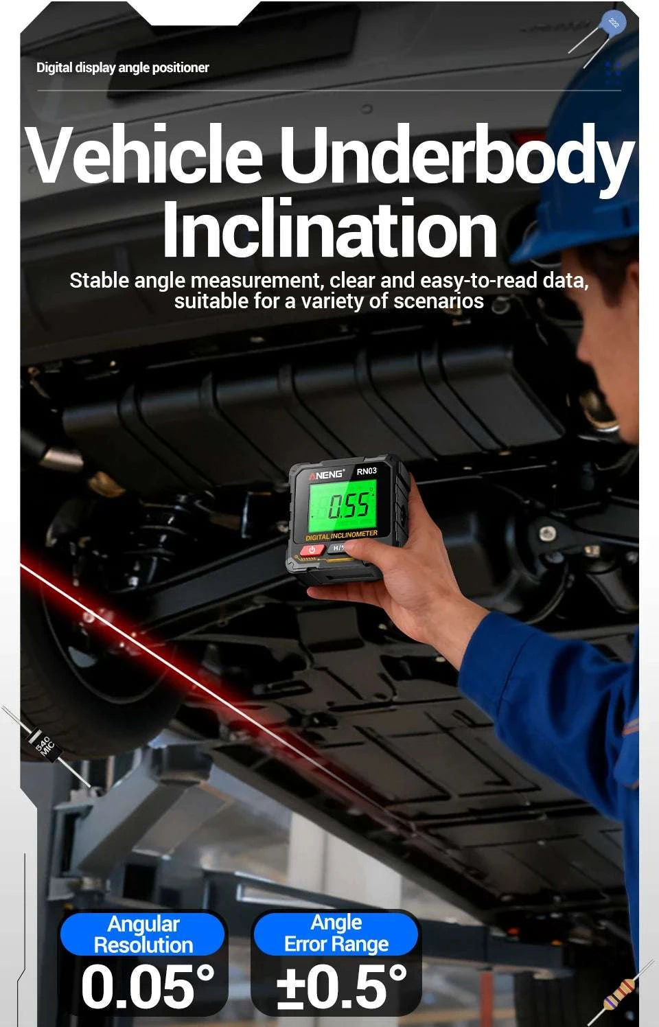 Digital Angle Gauge 0.05° Accuracy 360° Magnetic Inclinometer-RN03 with Laser