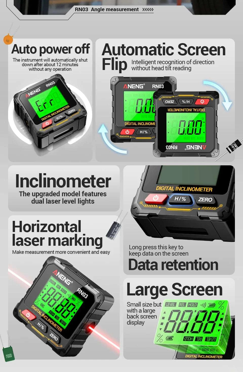 Digital Angle Gauge 0.05° Accuracy 360° Magnetic Inclinometer-RN03 with Laser