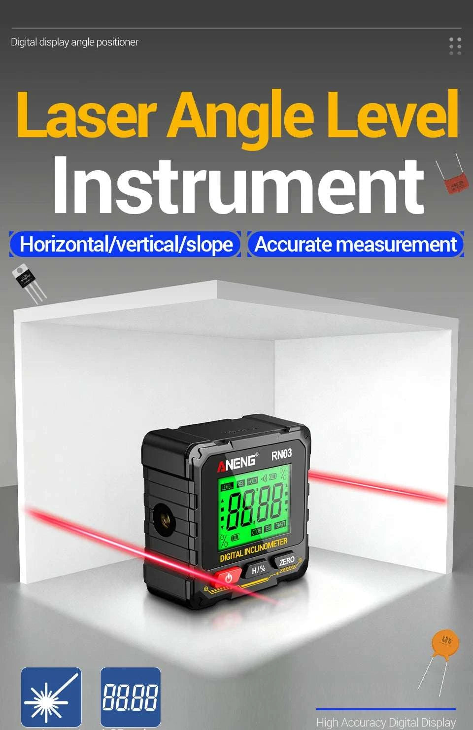Digital Angle Gauge 0.05° Accuracy 360° Magnetic Inclinometer-RN03 with Laser