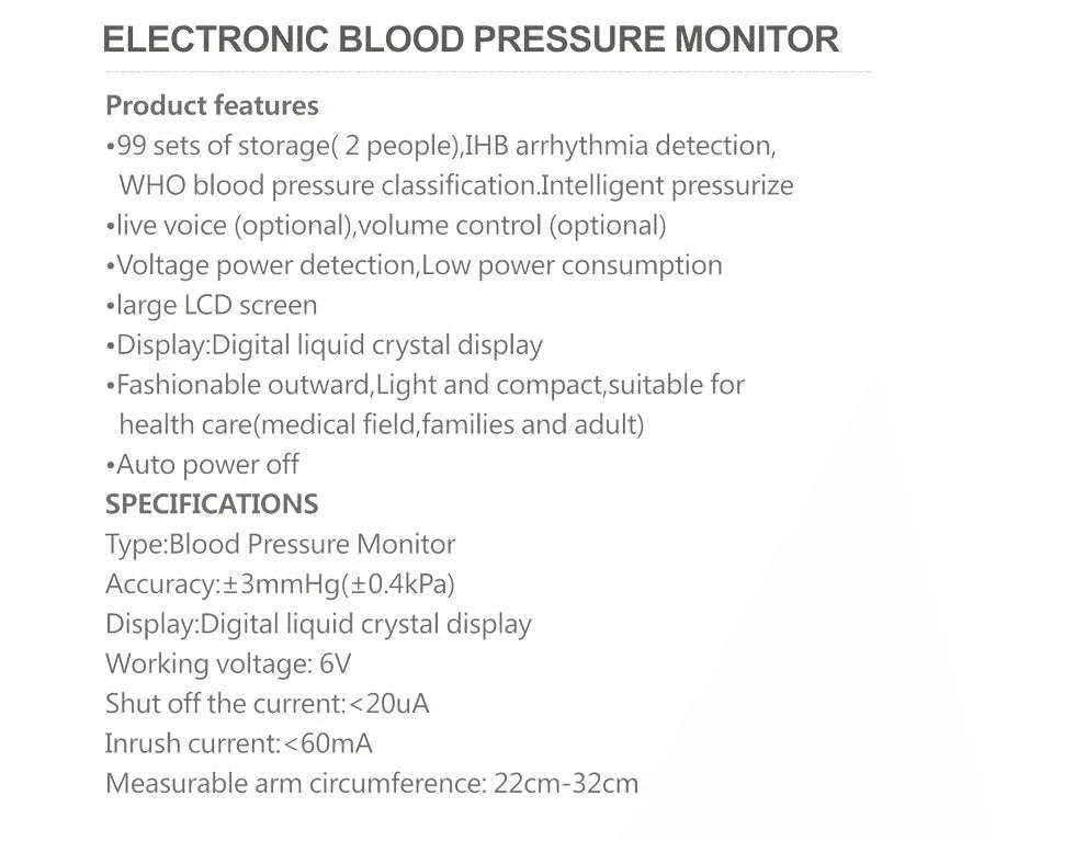 Digital Arm Blood Pressure Monitor with Voice and Backlight-En voice 22-42cm
