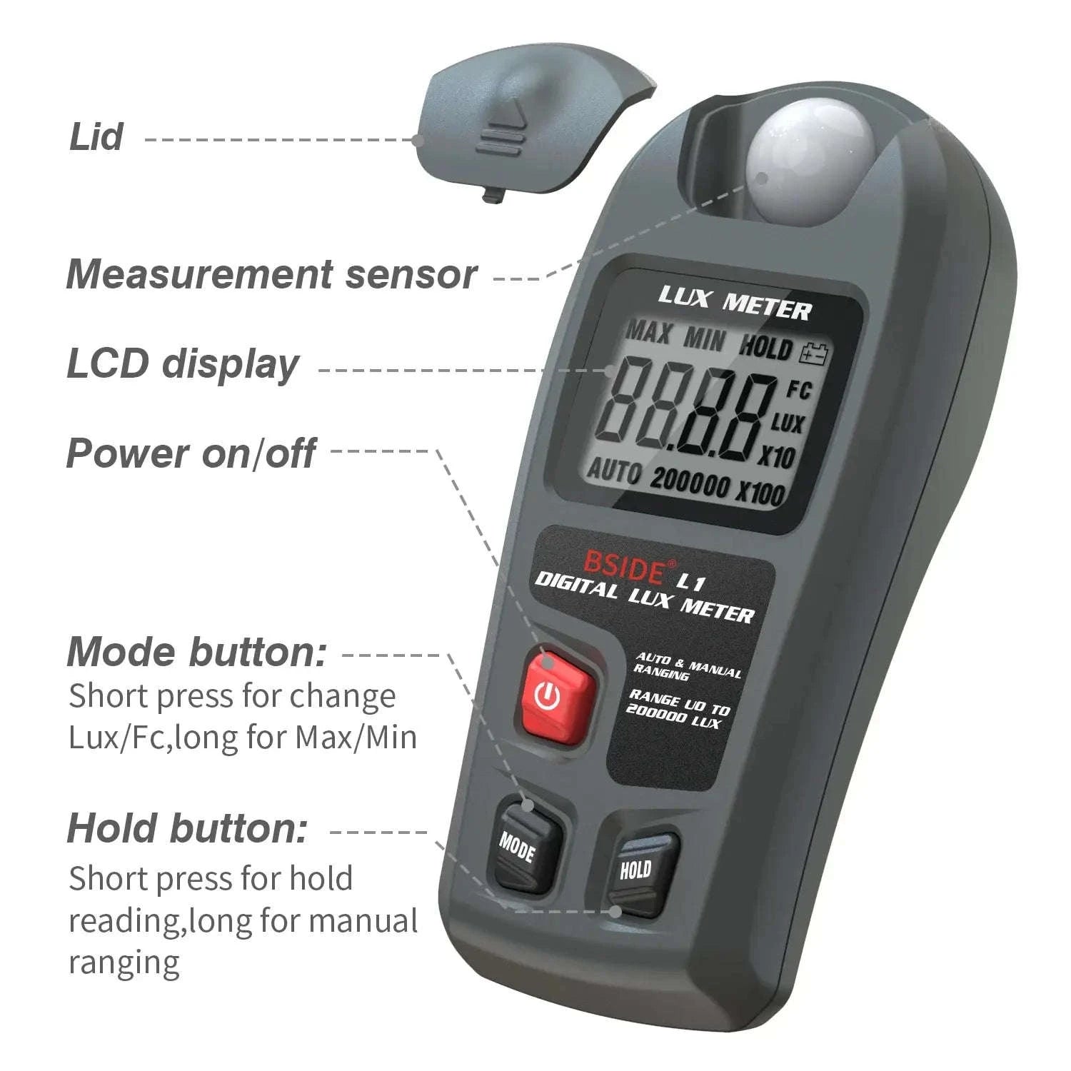 Digital Lux Meter Illuminometer 0–200,000 Lux Tester-L1