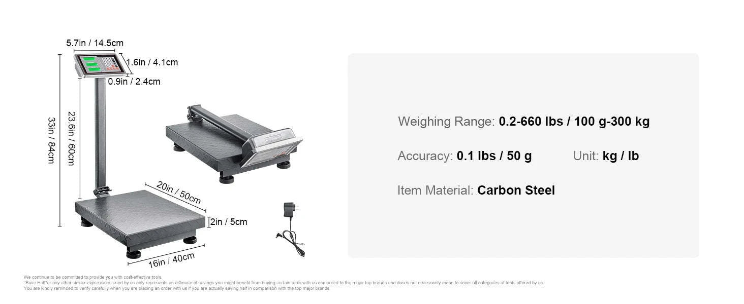 Digital Platform Scale 660 lbs with LB/KG Tare and Price Calculator-United States