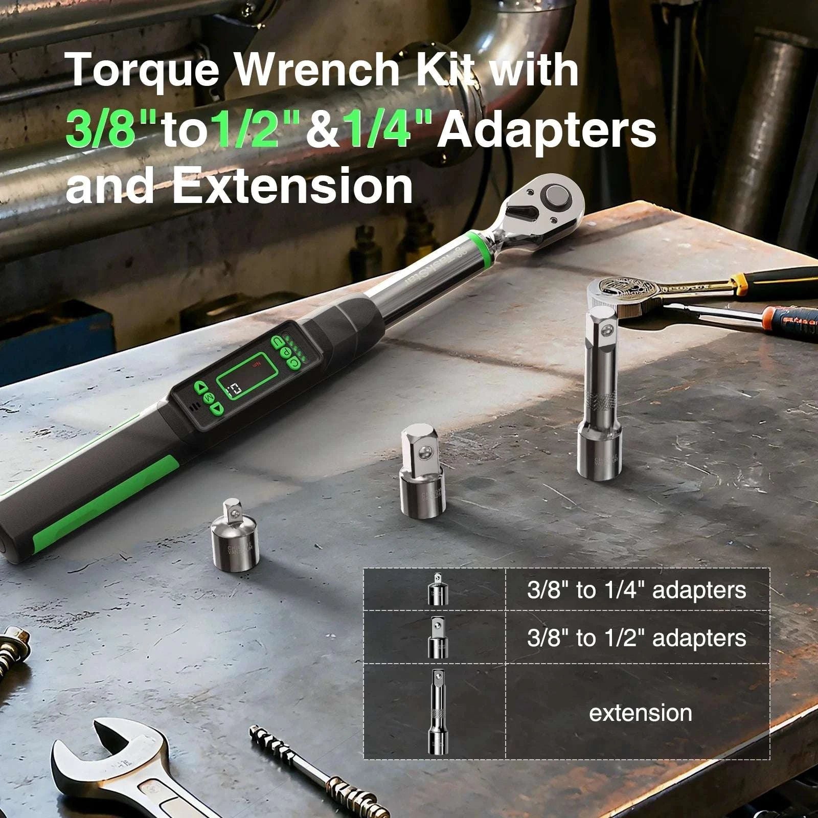 Digital Torque Wrench 3/8" ±2% Accuracy with LCD & Adapters Set-GERMANY