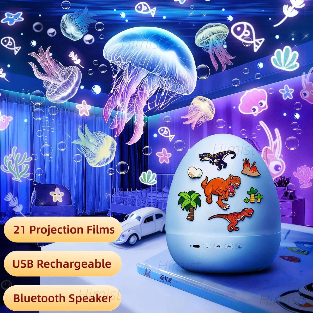Dinosaur Egg Night Light Projector with Music and Films-Top 21films / changeable / 0-5W