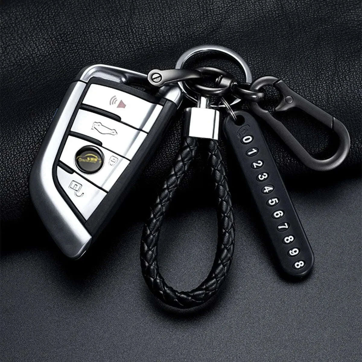 DIY Phone Number Plate Keychain with Punk Woven Leather-Style 4