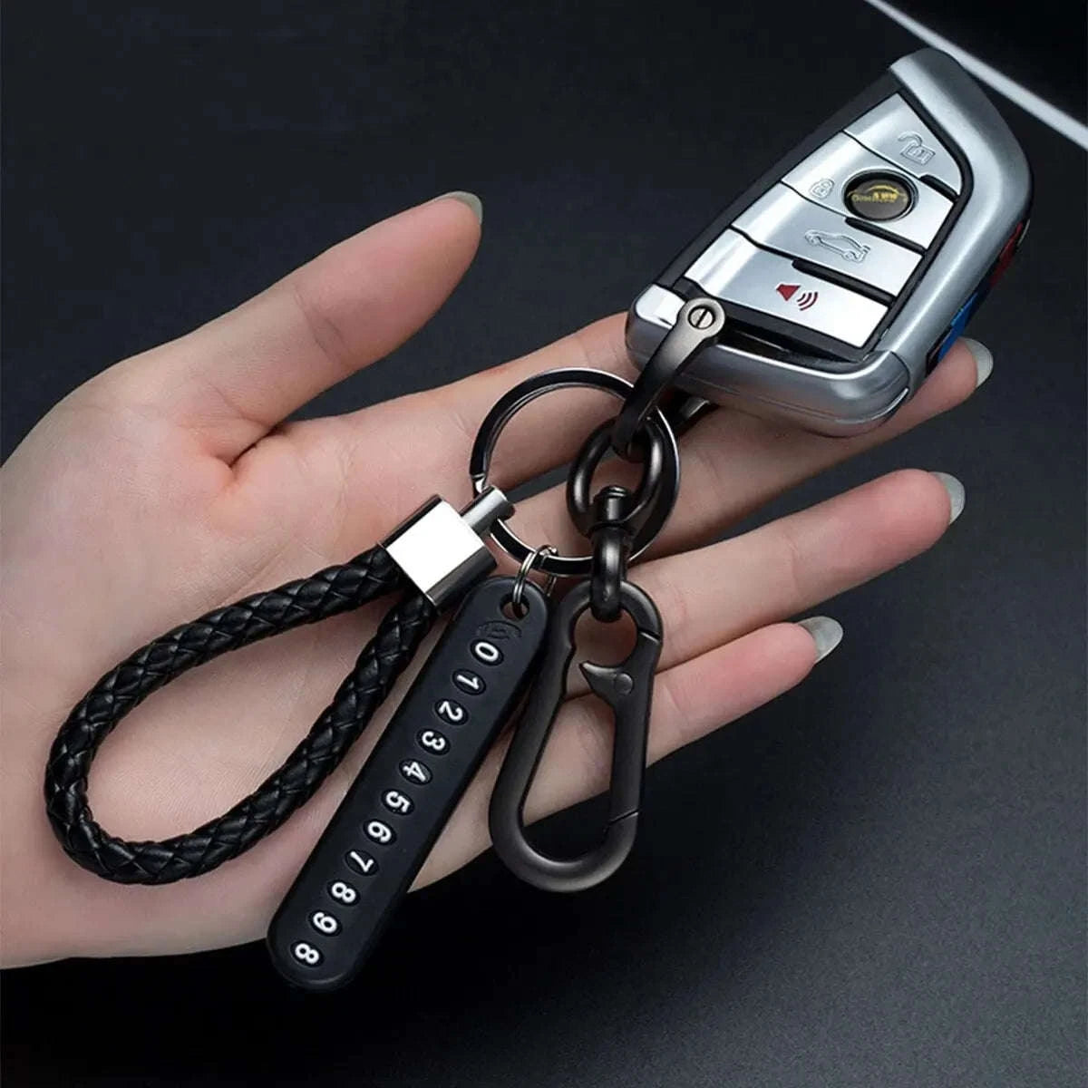 DIY Phone Number Plate Keychain with Punk Woven Leather-Style 4