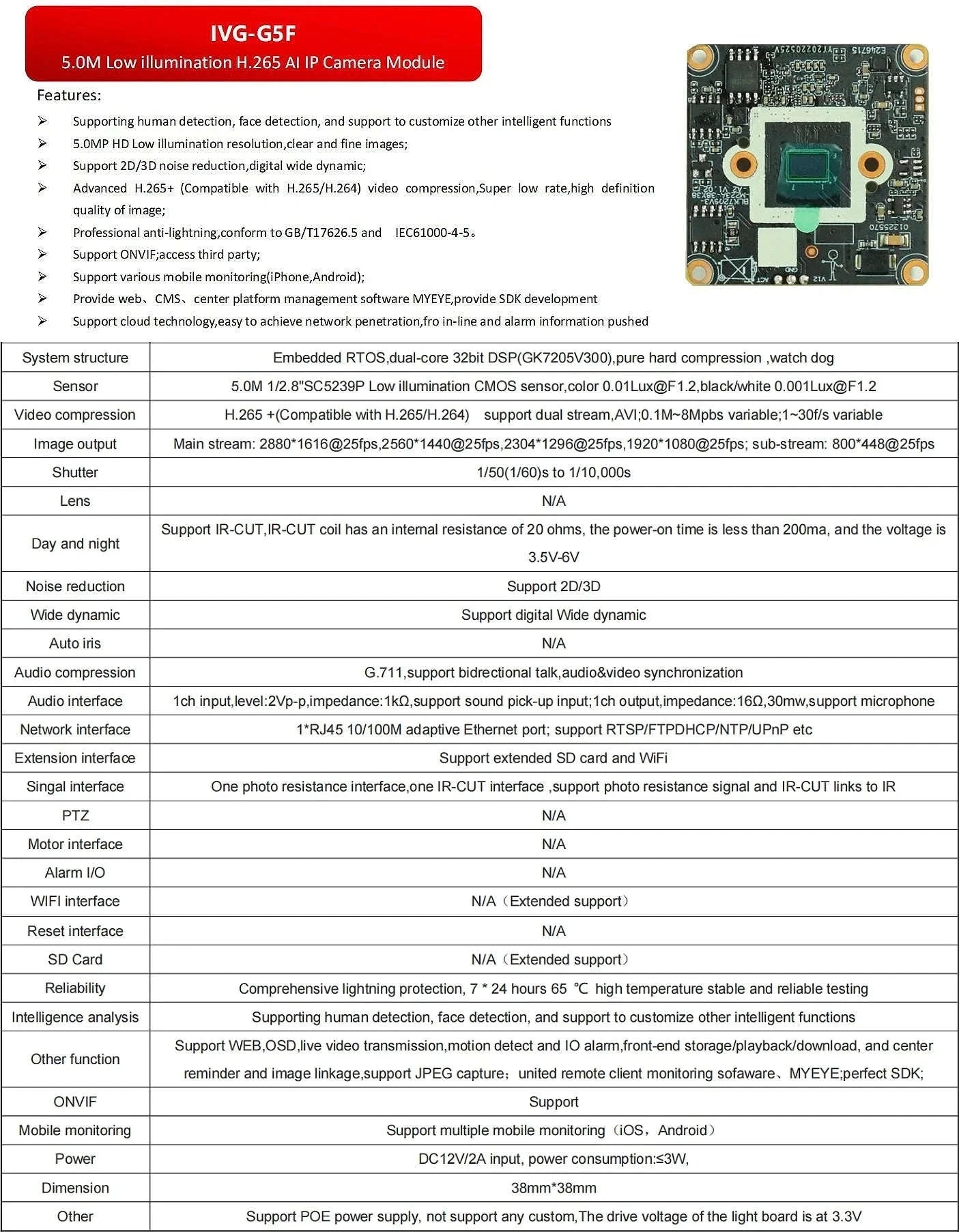 DIY POE IP Camera Module Board with High-Resolution Imaging-5mp imx335 / 2.1mm