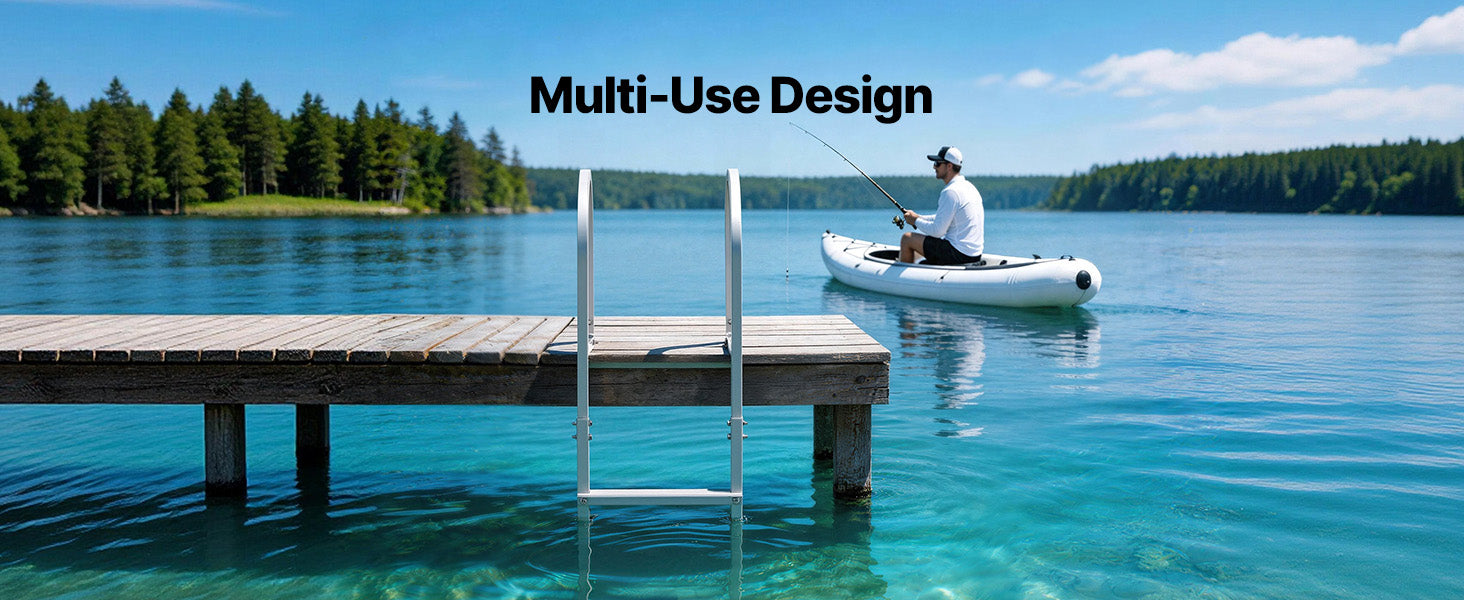 SucceBuy 4/6 Step Dual Handrails Dock Ladder Aluminum with Rubber Mat 30"-39" Adjustable Height for Lake Marine Boarding Pool