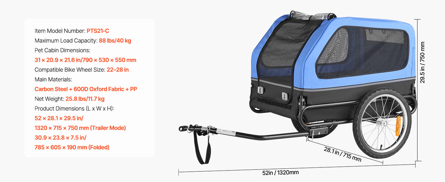 SucceBuy 66/88 lbs Dog Bike Trailer Easy Folding Frame Pet Cart Bicycle Carrier with Coupler & Reflector for Small & Medium Dogs