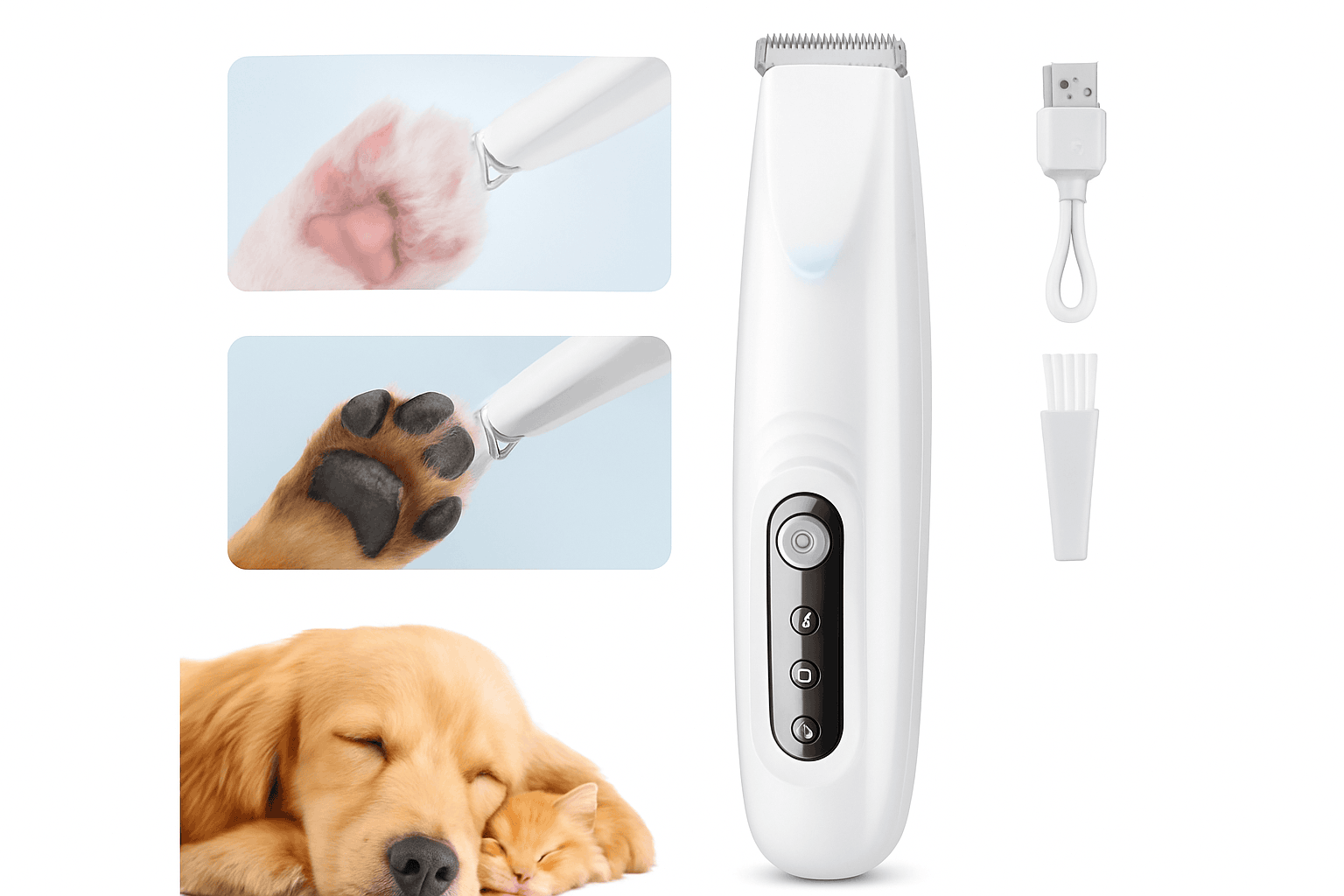 Dog Paw Trimmer with LED Light, Quiet Motor and Waterproof Design-White