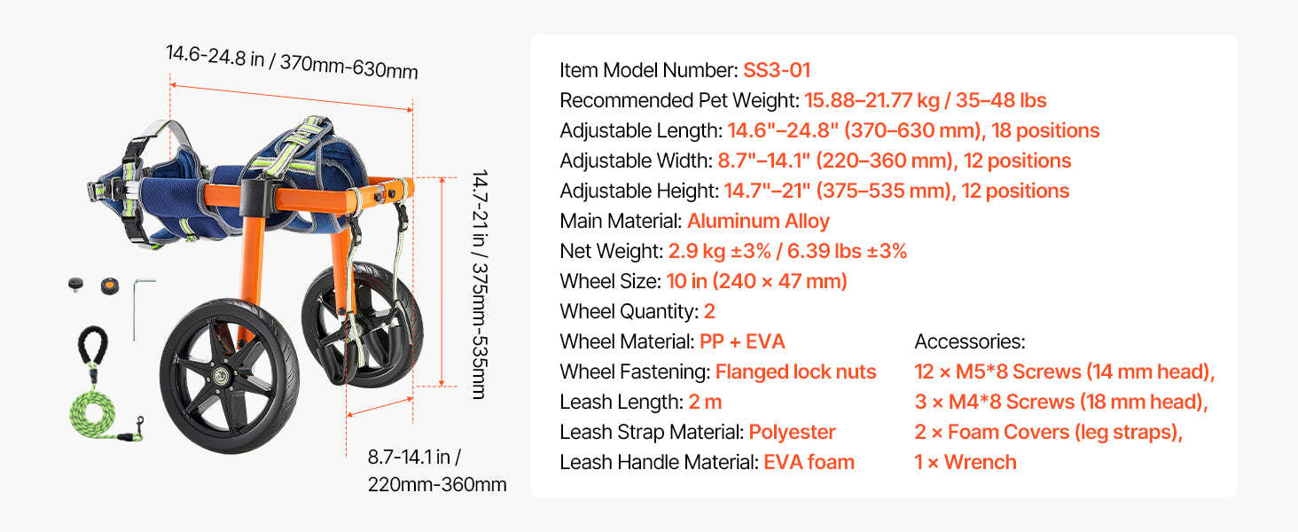 Dog Wheelchair for Back Legs, Lightweight 2-Wheel Adjustable Pet Wheelchair-M 35-48 lbs / spain