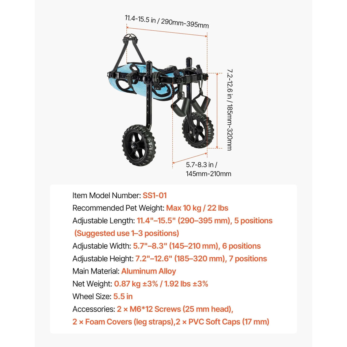 Dog Wheelchair for Back Legs, Lightweight 2-Wheel Adjustable Pet Wheelchair-M 35-48 lbs / spain