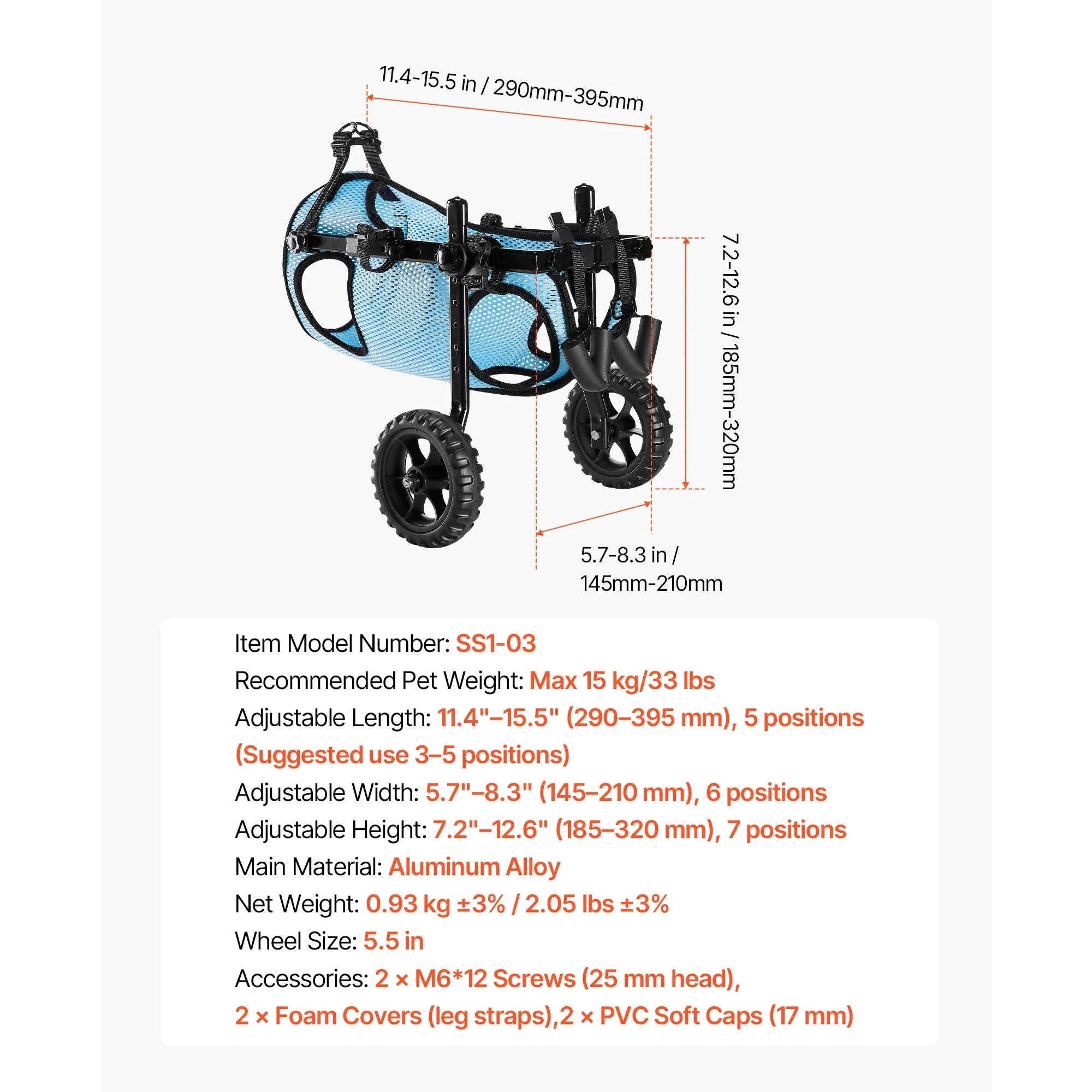 Dog Wheelchair for Back Legs, Lightweight 2-Wheel Adjustable Pet Wheelchair-M 35-48 lbs / spain