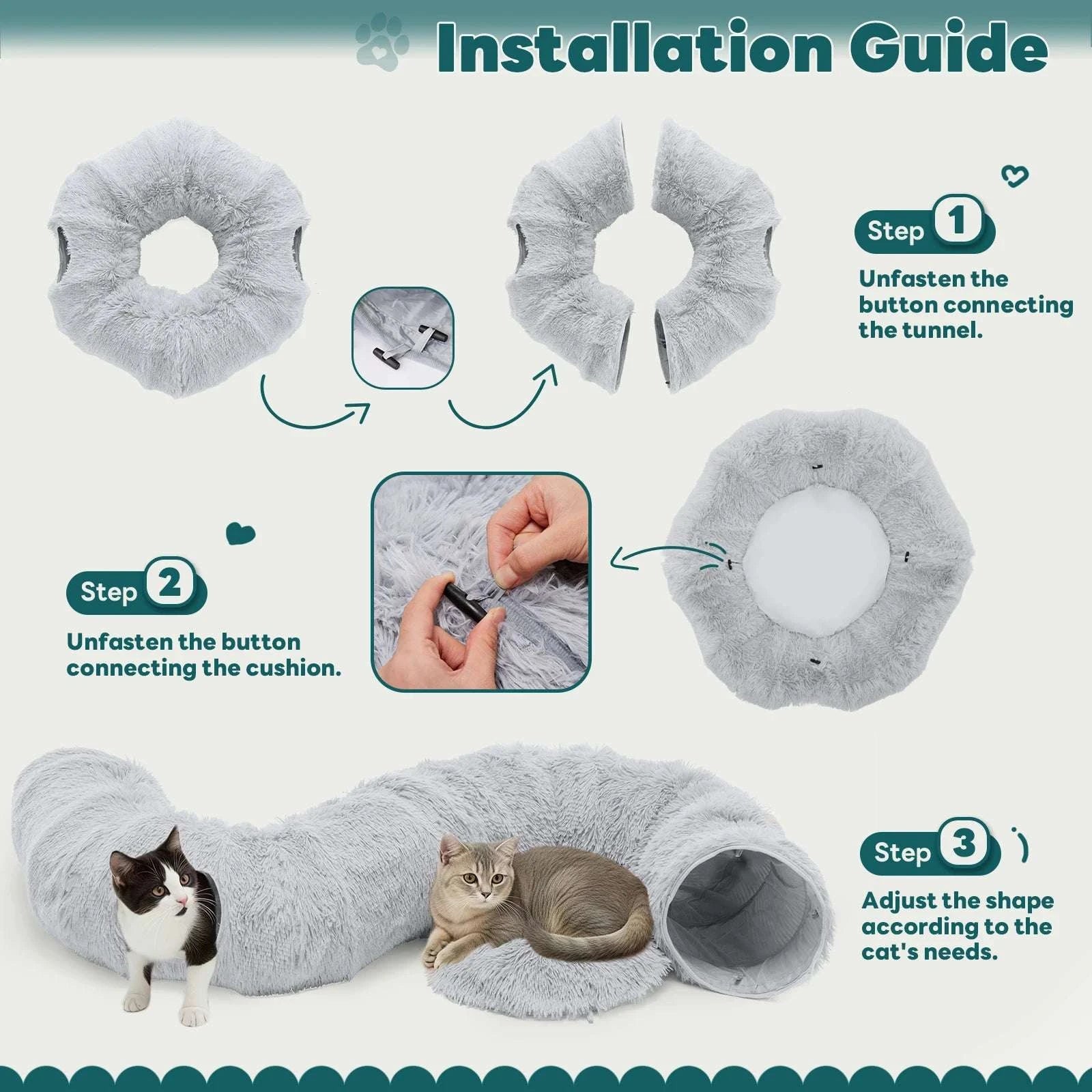Donut Cat Tunnel Bed 3-in-1 Plush Hideout, Sleep & Play-GRAY / United States