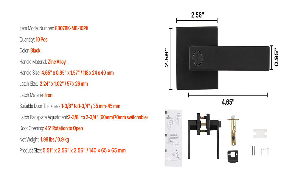 Universal Passage Door Handle – Reversible Matte Black Lever