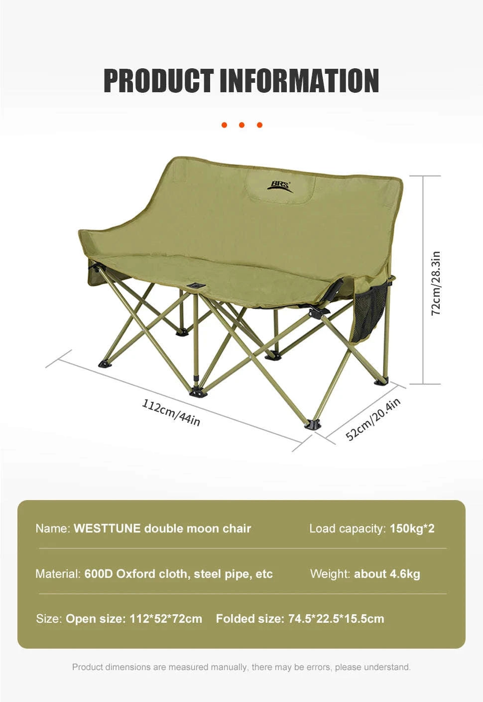 Double Camping Chair for Two with Storage Bags and Backrest-Khaki