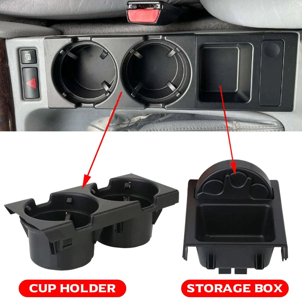 Double Hole Front Center Console Storage Box Coin and Cup Holder-Black 1
